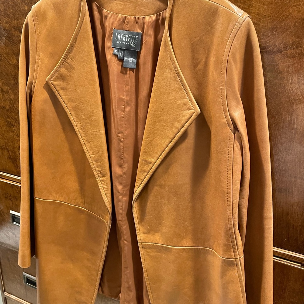 Lafayette 148 Rich Cognac Leather Blazer with Lapels